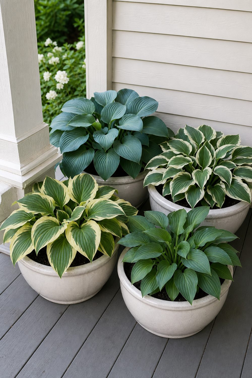 Four blue green and variegated hostas in cream glazed low containers clustered in a shaded porch corner