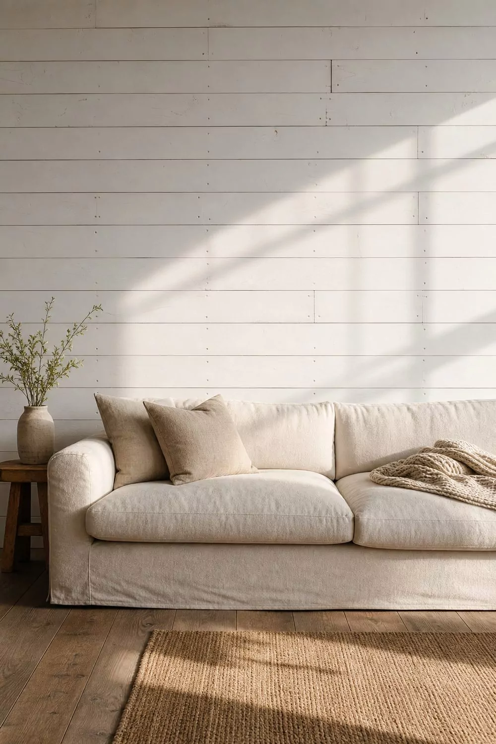 White shiplap accent wall behind a cream linen sofa with oatmeal pillows in a farmhouse living room, warm afternoon light