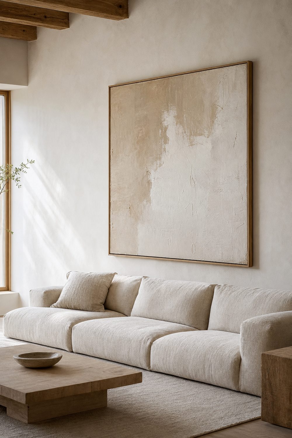 Single oversized abstract canvas in sand and off white above a low linen sofa in a minimalist living room