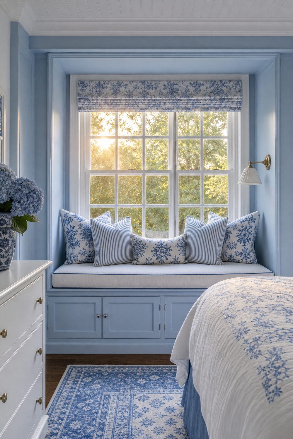 Sky blue painted built in window seat with white linen cushion, blue piping and throw pillows set into a white bedroom alcove