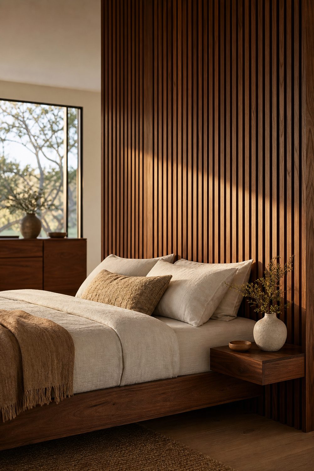 Full height slatted walnut wood screen used as a headboard behind a bed with cream linen bedding