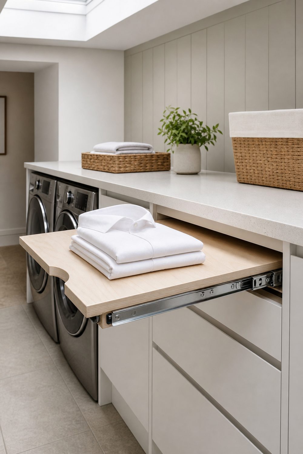 Pale birch slide out folding board pulled from under a white quartz countertop holding folded white shirts in a laundry room