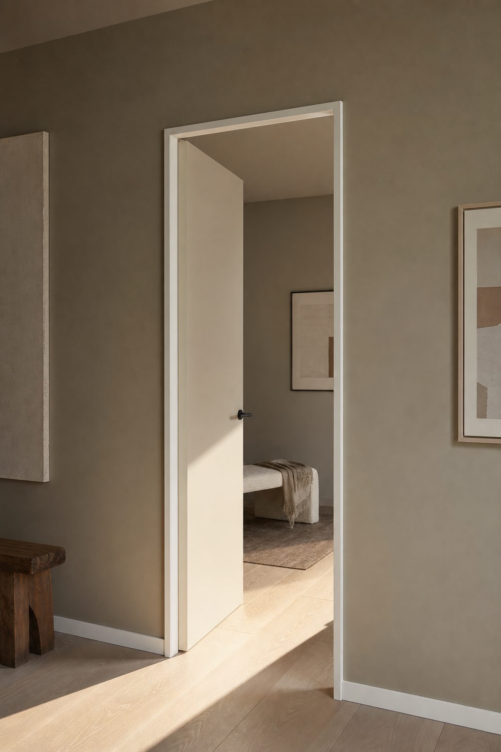 Very slim matte white door casing about two inches wide with a sharp square edge in a contemporary apartment hallway