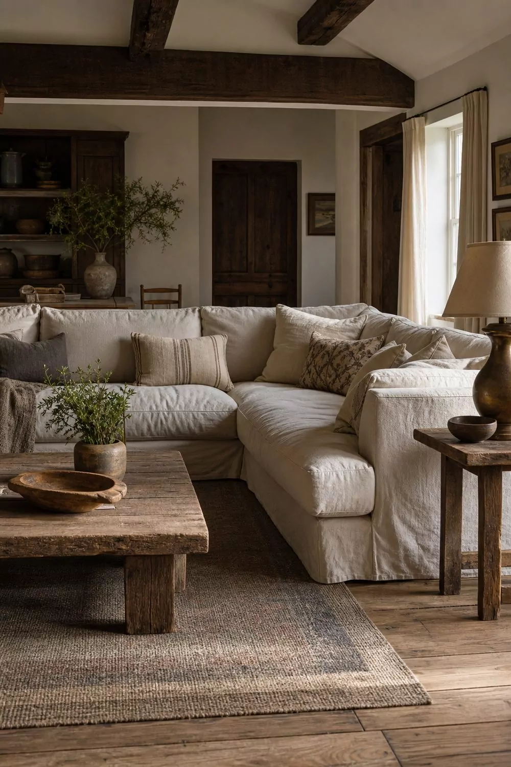 Deep oatmeal slipcovered sectional with loose cushions and a reclaimed wood coffee table in a farmhouse living room