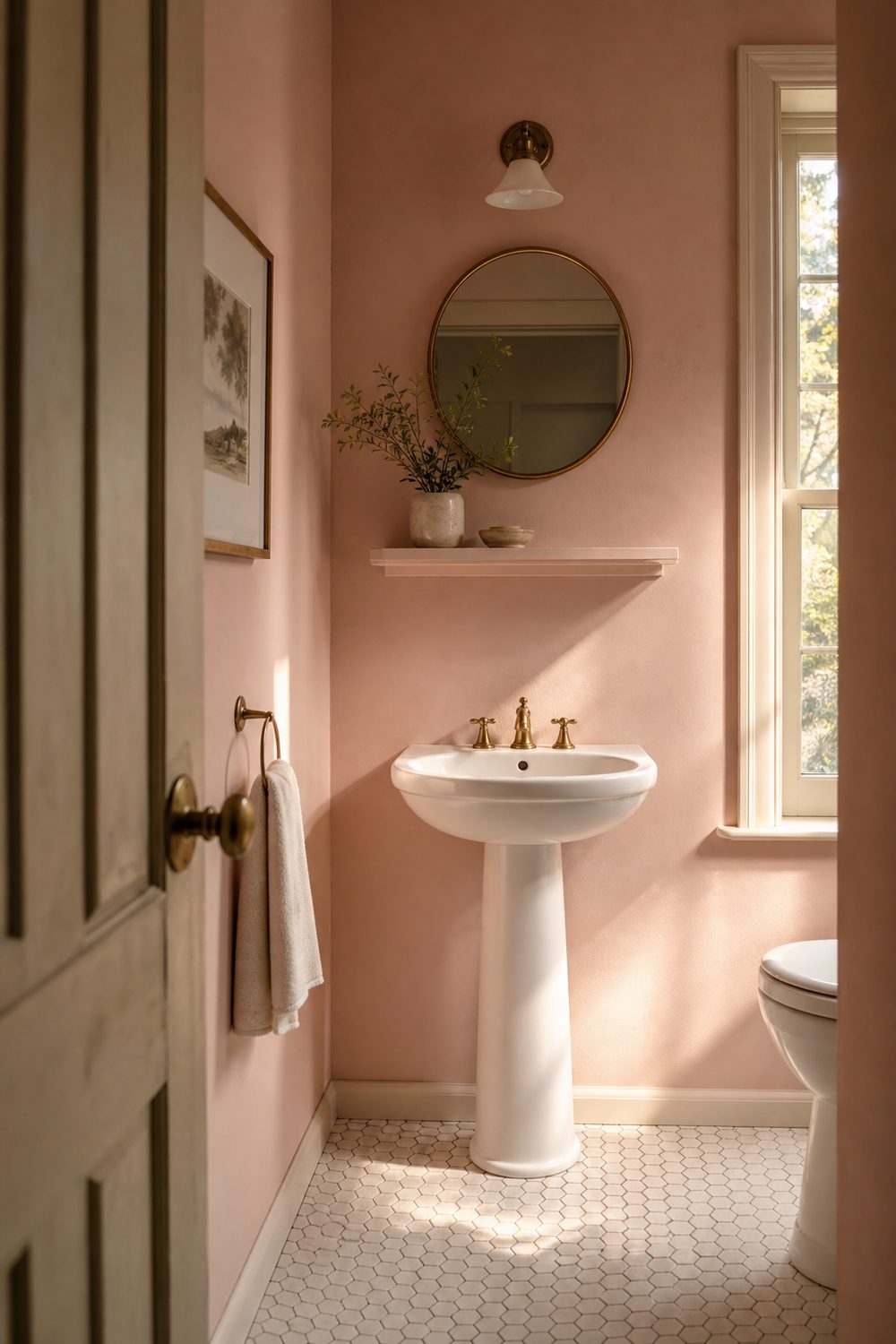 Small bathroom with soft pink painted walls, a white pedestal sink, narrow wall shelf above and a compact round mirror