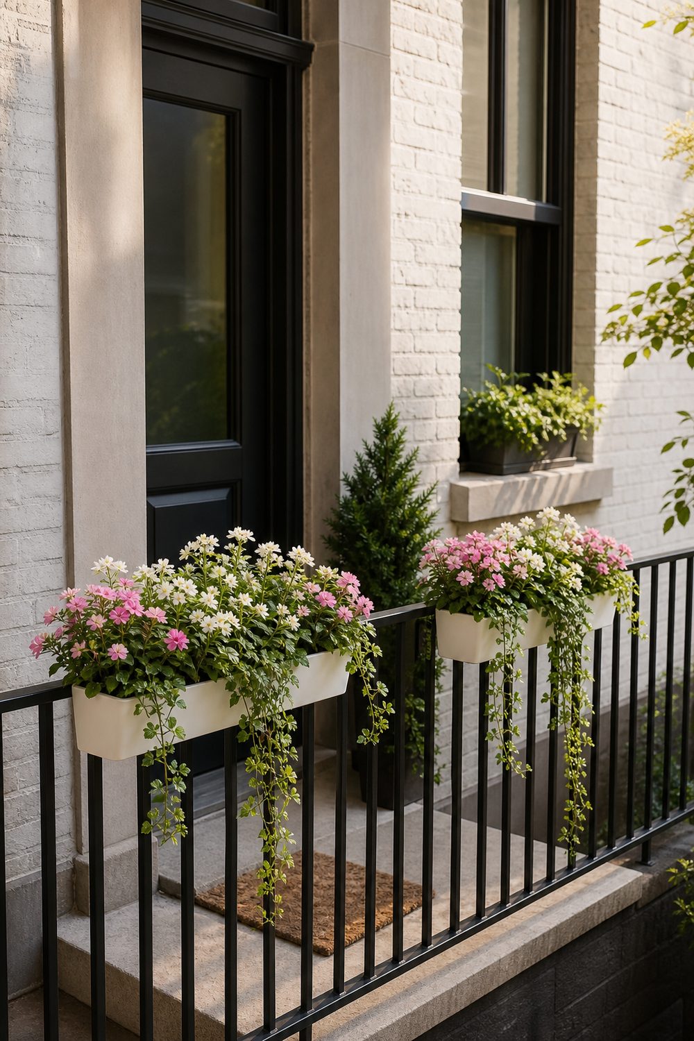 Two slim white rail planters clamped to a black metal railing with compact flowers on a small city stoop