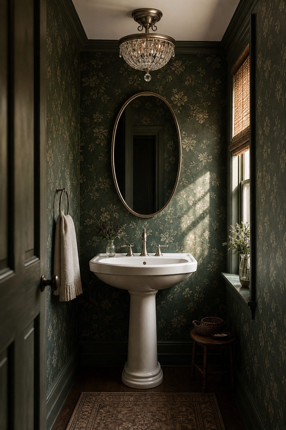 Compact semi flush chandelier close to the ceiling above a white pedestal sink in a small green wallpapered powder room