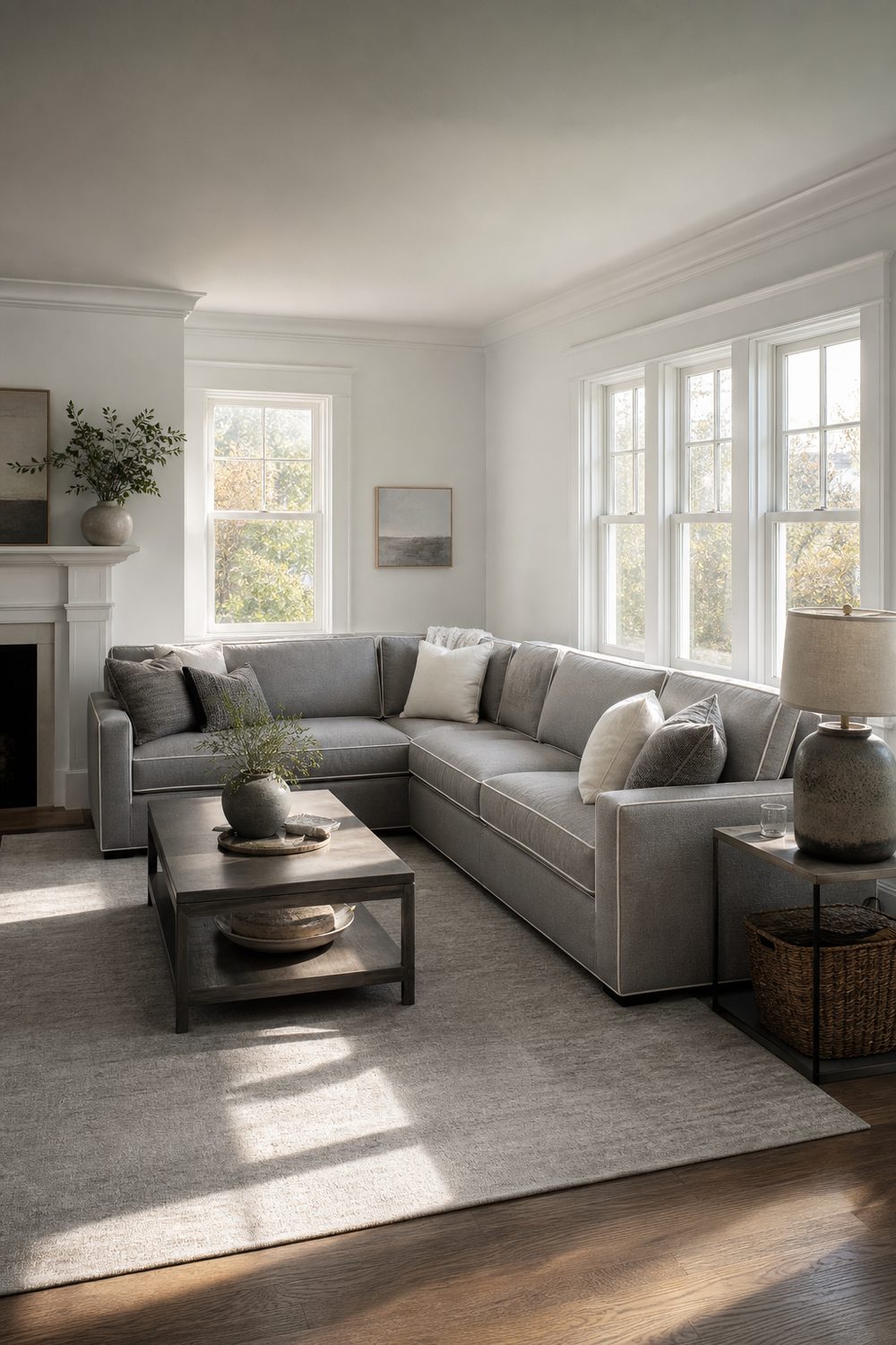 Grey L shaped sectional with white welt piping against white walls and white window trim in a bright living room