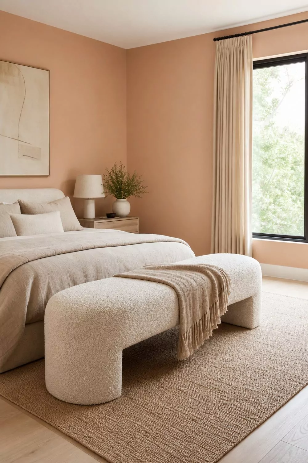 Airy bedroom with soft peach painted walls, cream boucle bench, oatmeal bedding and a pale ash wood nightstand