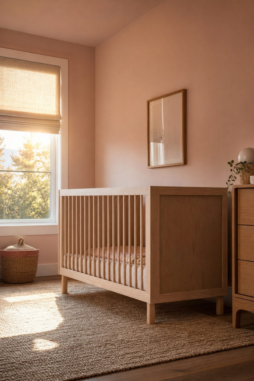 Soft pink nursery with white oak crib, washable cotton rug, and neutral fabric blackout shades