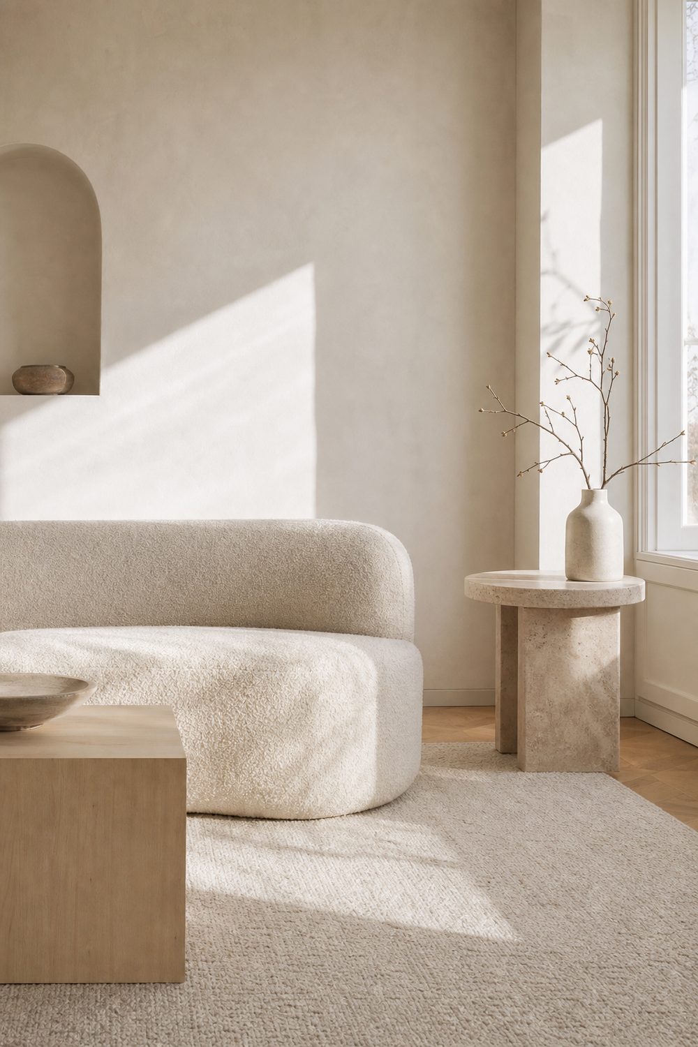 Soft white minimalist living room with cream boucle sofa, chalky plaster walls and an ivory wool rug