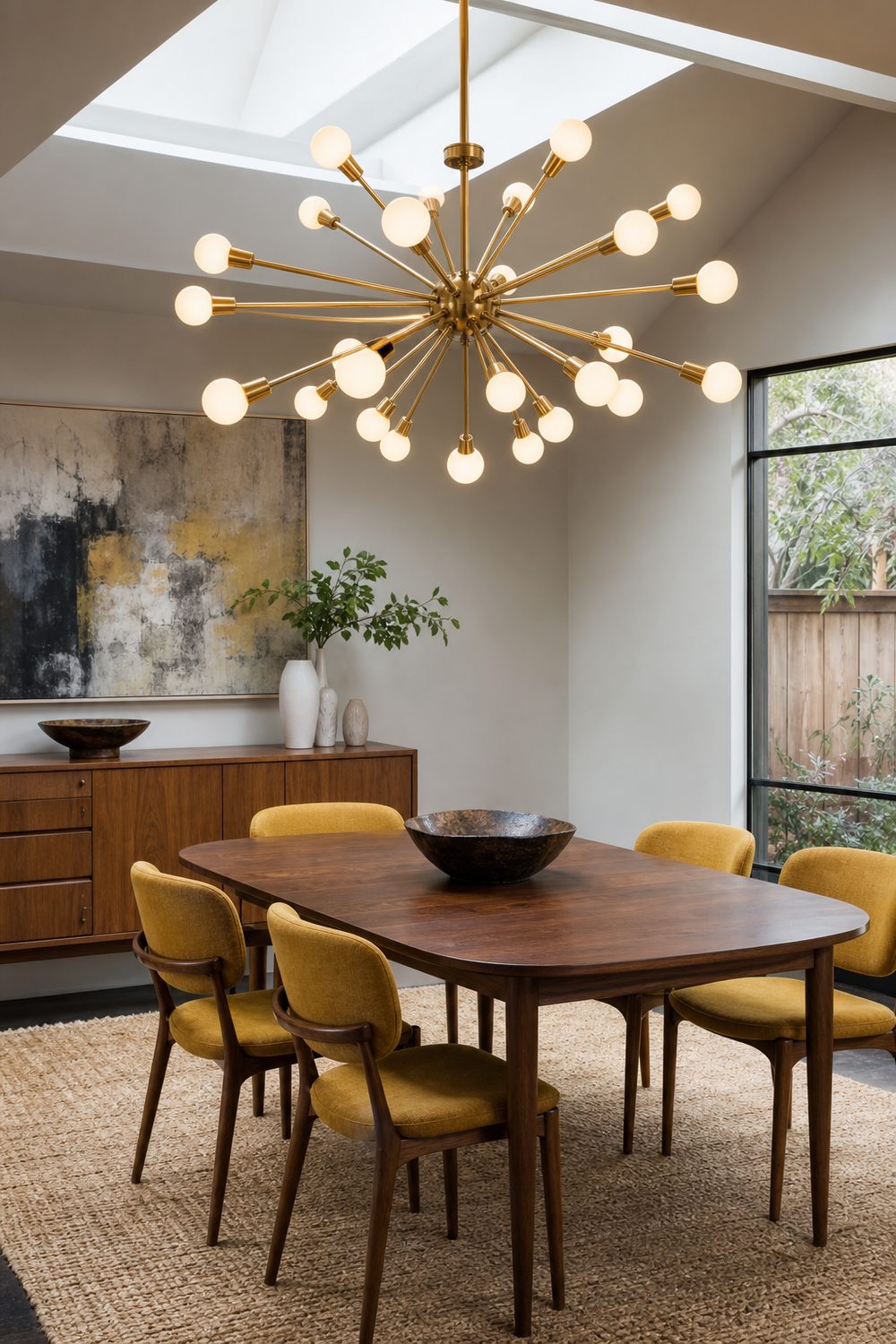 Brass sputnik chandelier with radiating arms and globe bulbs above a walnut dining table