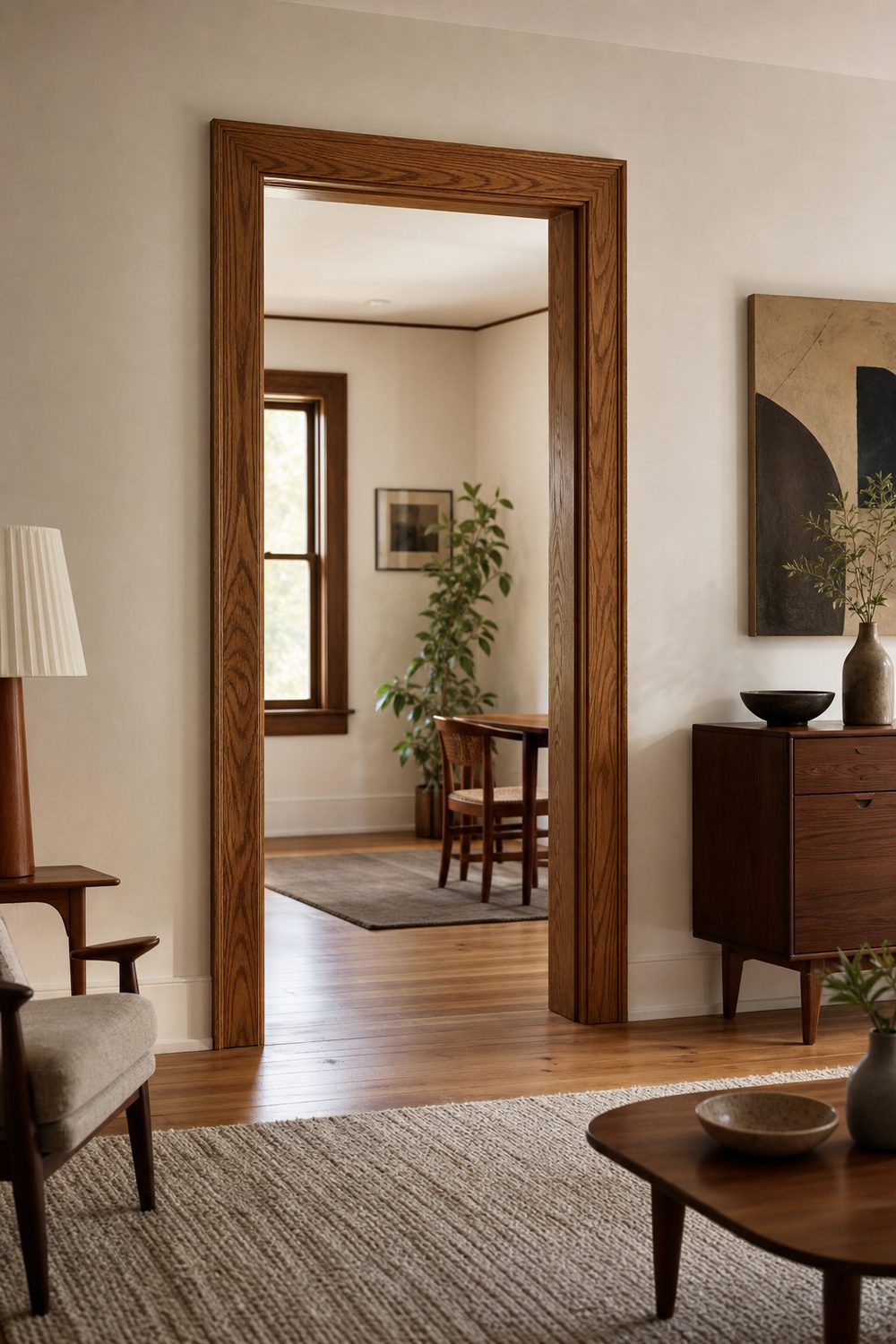 Natural stained white oak door casing with visible grain and a matte clear finish in a mid century living room