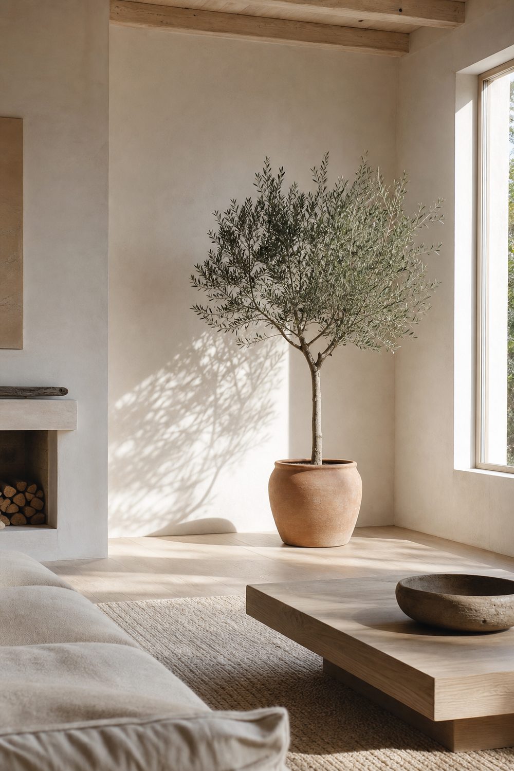 Tall potted olive tree in a terracotta pot standing in the corner of a minimalist living room with plaster walls