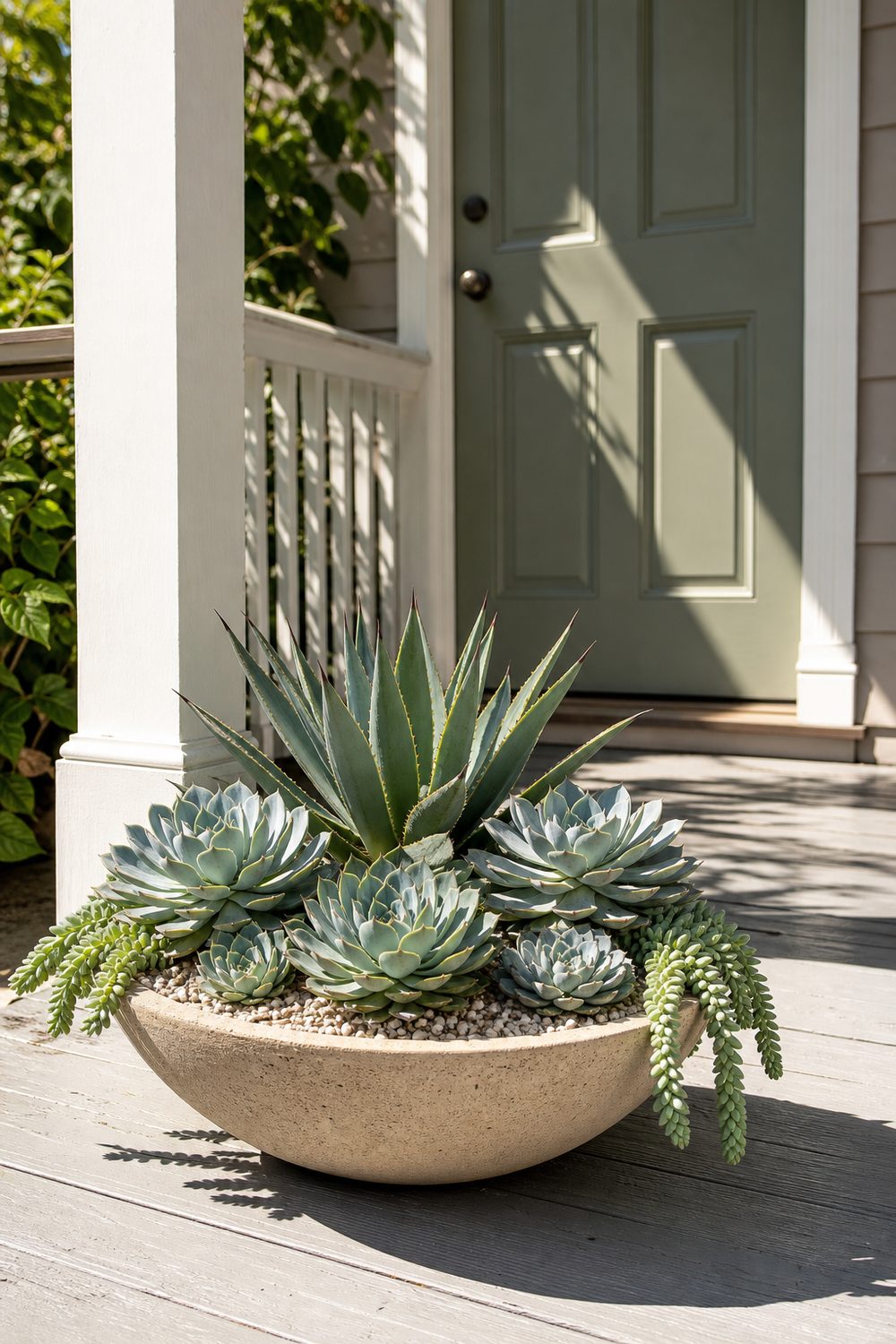 Wide shallow sandstone bowl densely planted with echeveria rosettes and trailing succulents in bright sun
