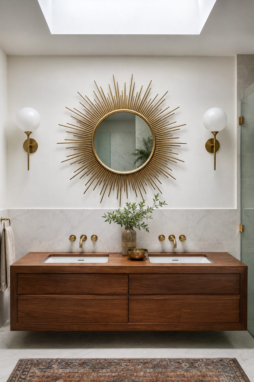 Brass sunburst mirror above a floating walnut double vanity with two white undermount basins and globe sconces