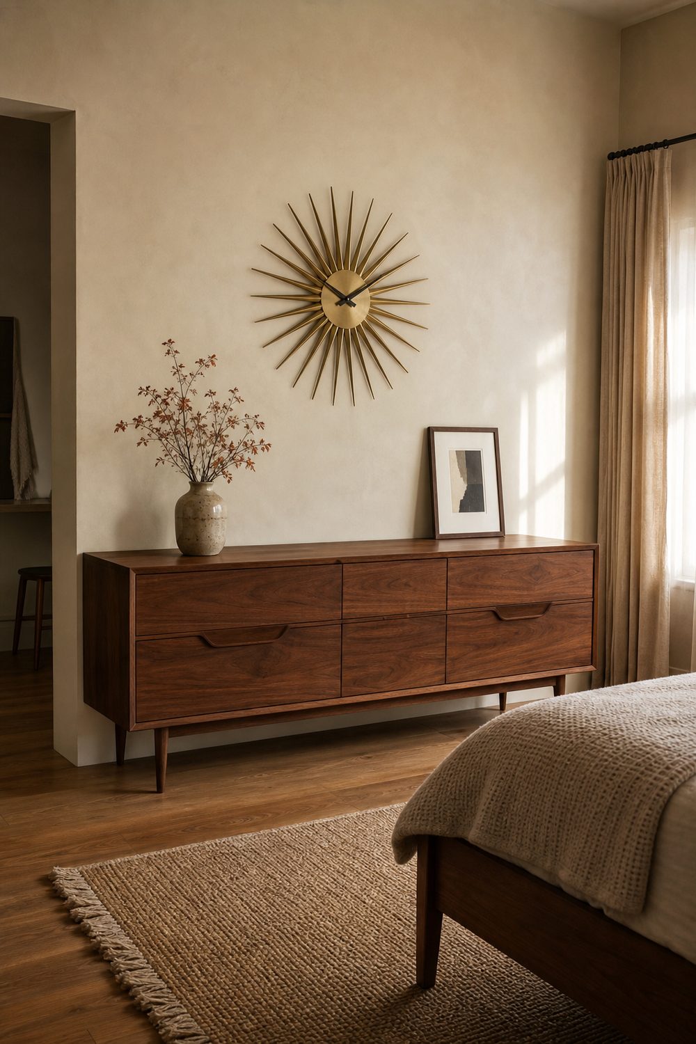 Brass sunburst wall clock mounted above a long walnut dresser holding a ceramic vase and a framed print
