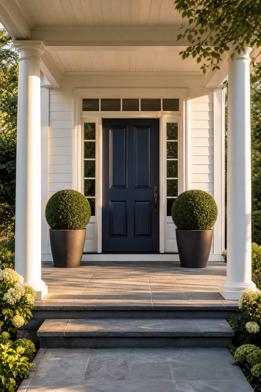 Two matching ball boxwood topiaries in charcoal planters flanking a navy front door on a white columned porch