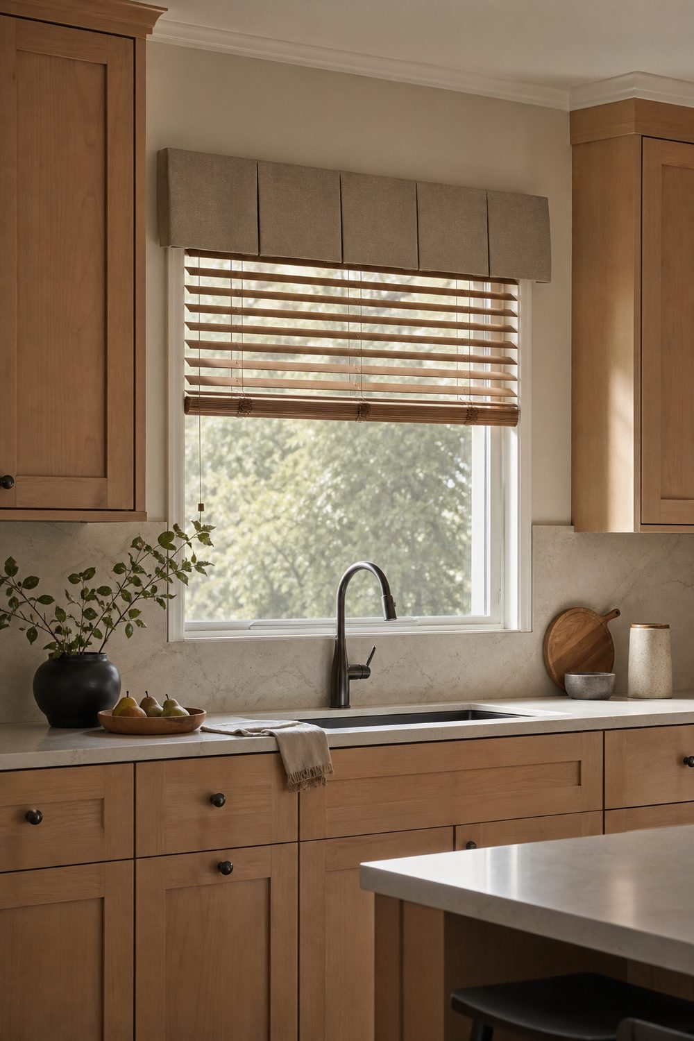 Greige tailored pleat valance above faux wood blinds on a narrow modern kitchen window with maple cabinets