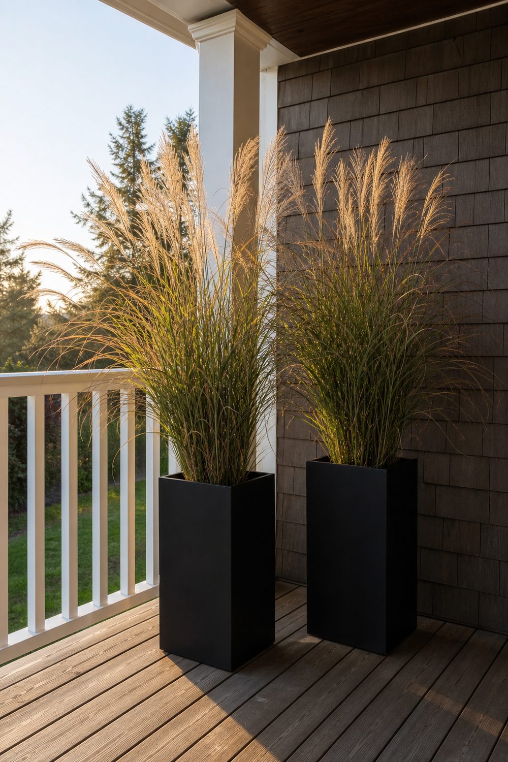 Two tall black square planters of arching bronze ornamental grass in a porch corner beside a white railing