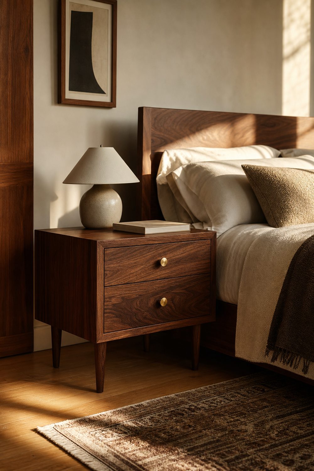 Walnut nightstand with slim tapered legs and round brass pulls beside a bed, holding a small ceramic lamp and a book