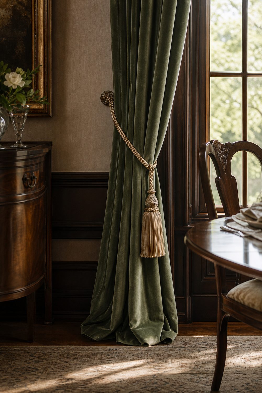 Twisted silk rope tie back with full tassel draped around a deep sage velvet curtain in a traditional dining room