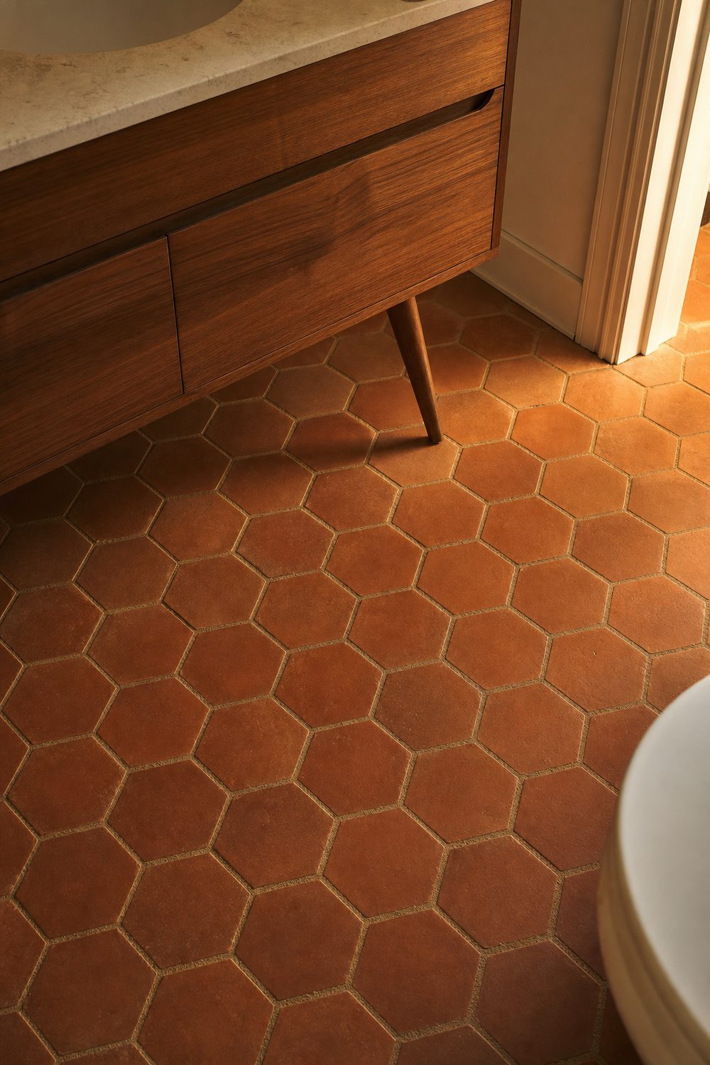 Terracotta hexagonal floor tile in warm orange brown running beneath a walnut vanity with a tapered wooden leg
