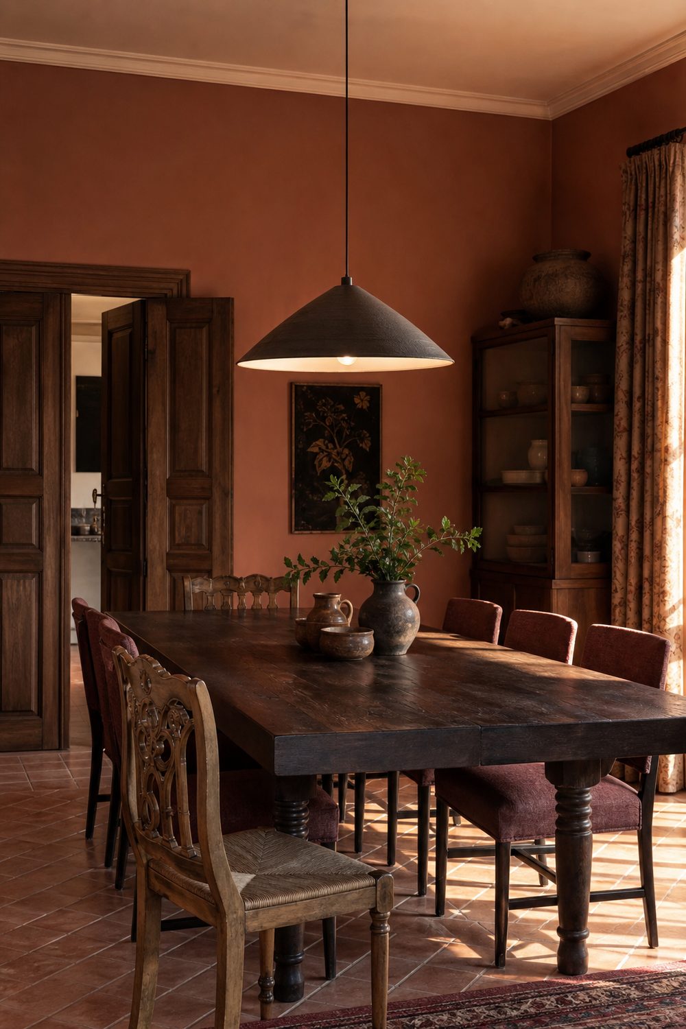 Terracotta pink dining room with dark wood table, upholstered chairs, and warm pendant light