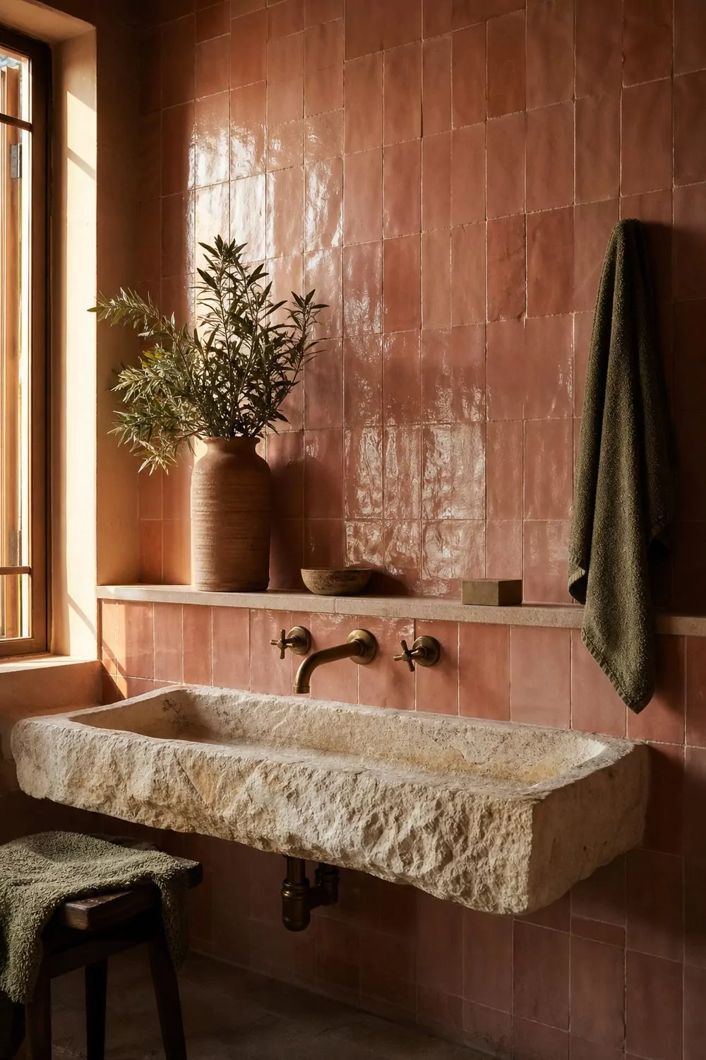 Wall of handmade terracotta pink zellige tile with pooled glaze and uneven edges behind a carved stone trough sink and brass tap