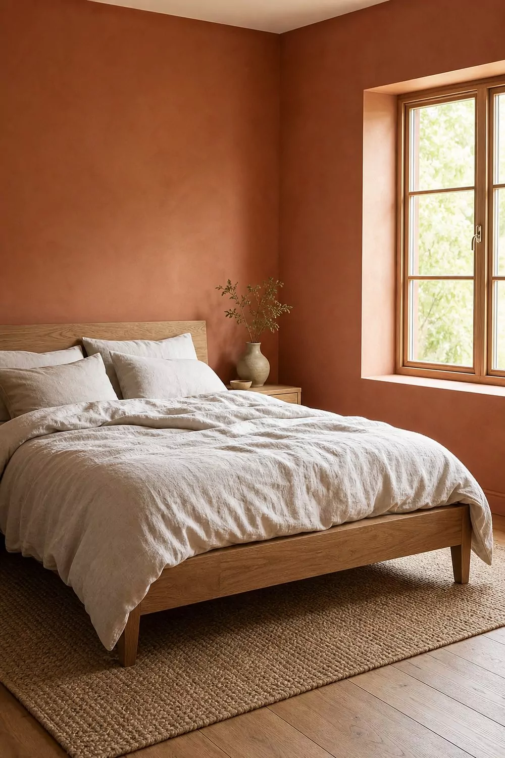 Terracotta clay painted bedroom walls with an oak bed, cream linen bedding, jute rug and pale oak plank flooring