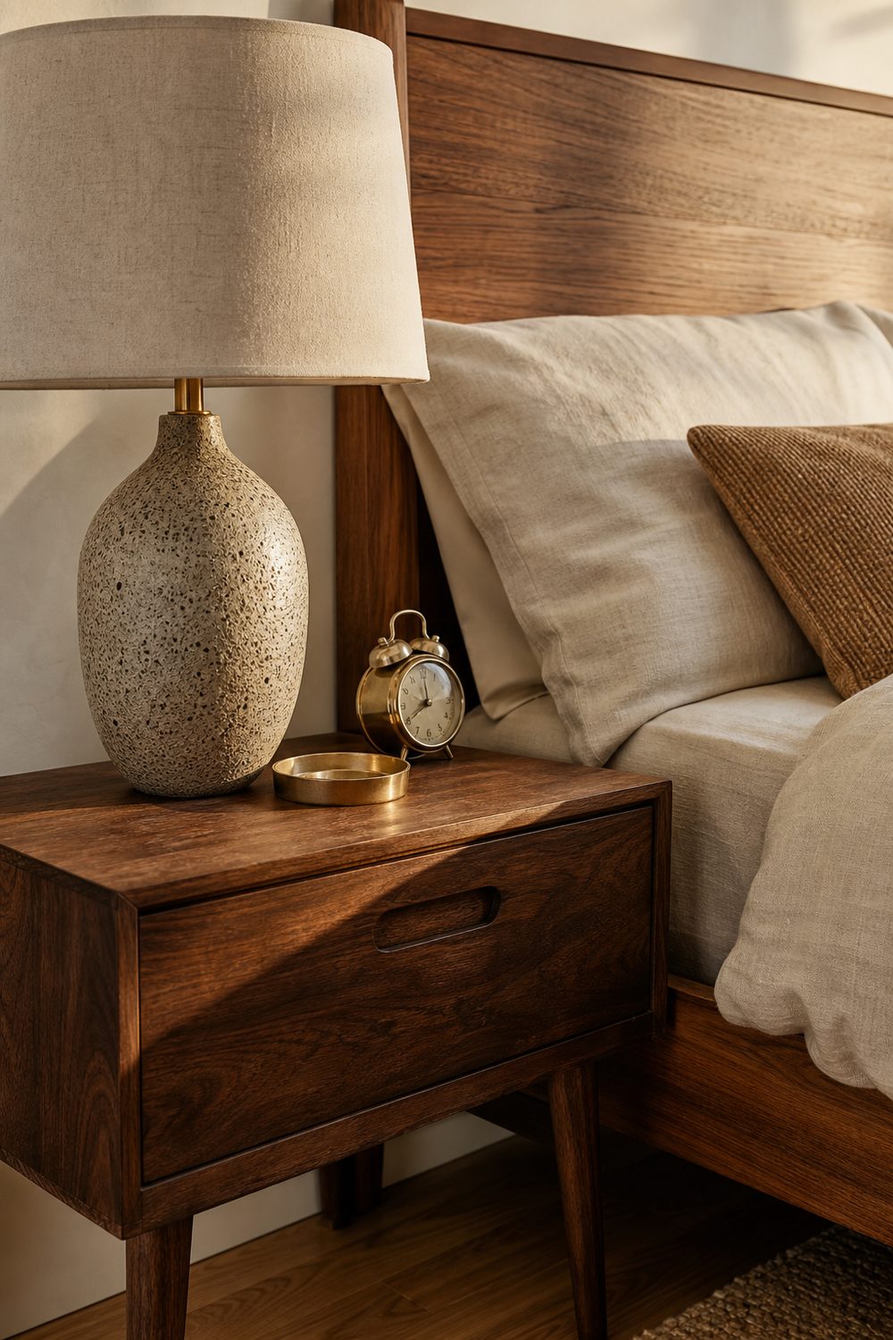 Speckled terrazzo lamp base with a cream shade on a walnut nightstand beside a brass tray and a brass clock