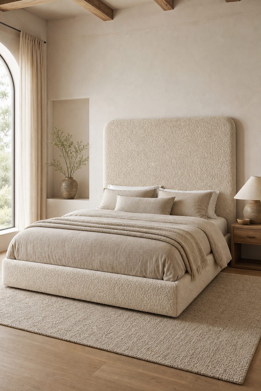 Cream beige boucle headboard with dense looped texture behind linen pillows in a beige plaster bedroom with arched window