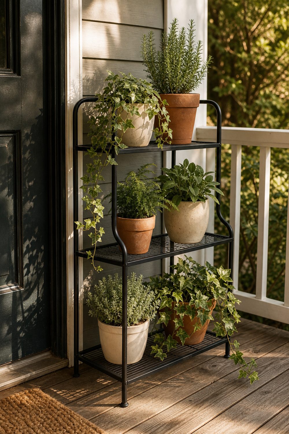 Three tier black metal plant stand holding terracotta and cream pots beside a dark front door on wood decking