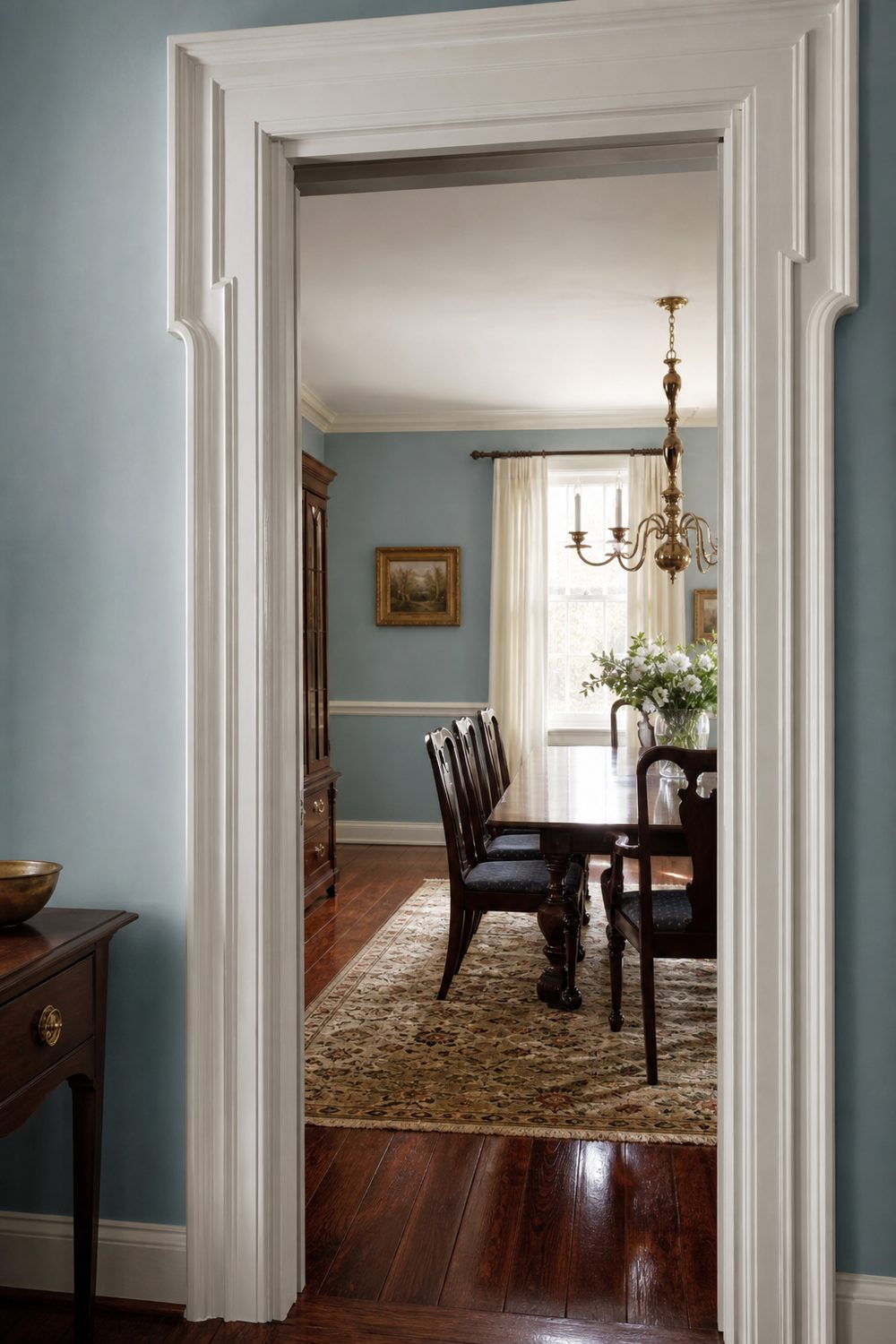 Stepped colonial door molding with ogee curves and a layered header in a pale blue formal dining room