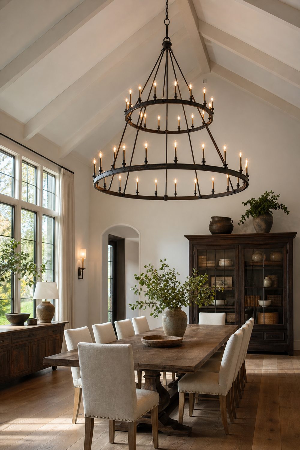 Two tier iron chandelier under a vaulted beamed ceiling above a long dining table