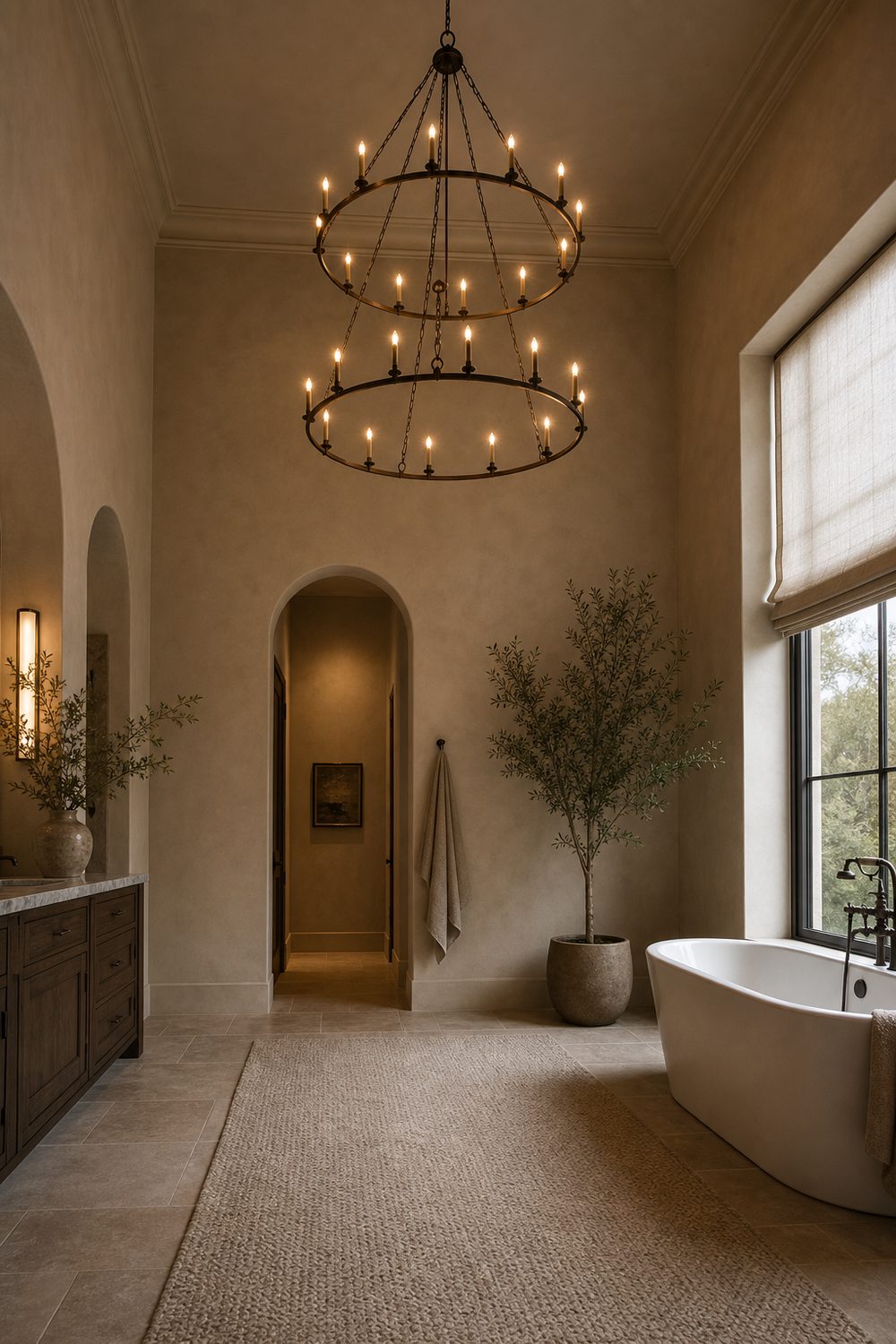 Two tier aged bronze chandelier with stacked rings of candle lights hanging in a tall bathroom with a twelve foot ceiling