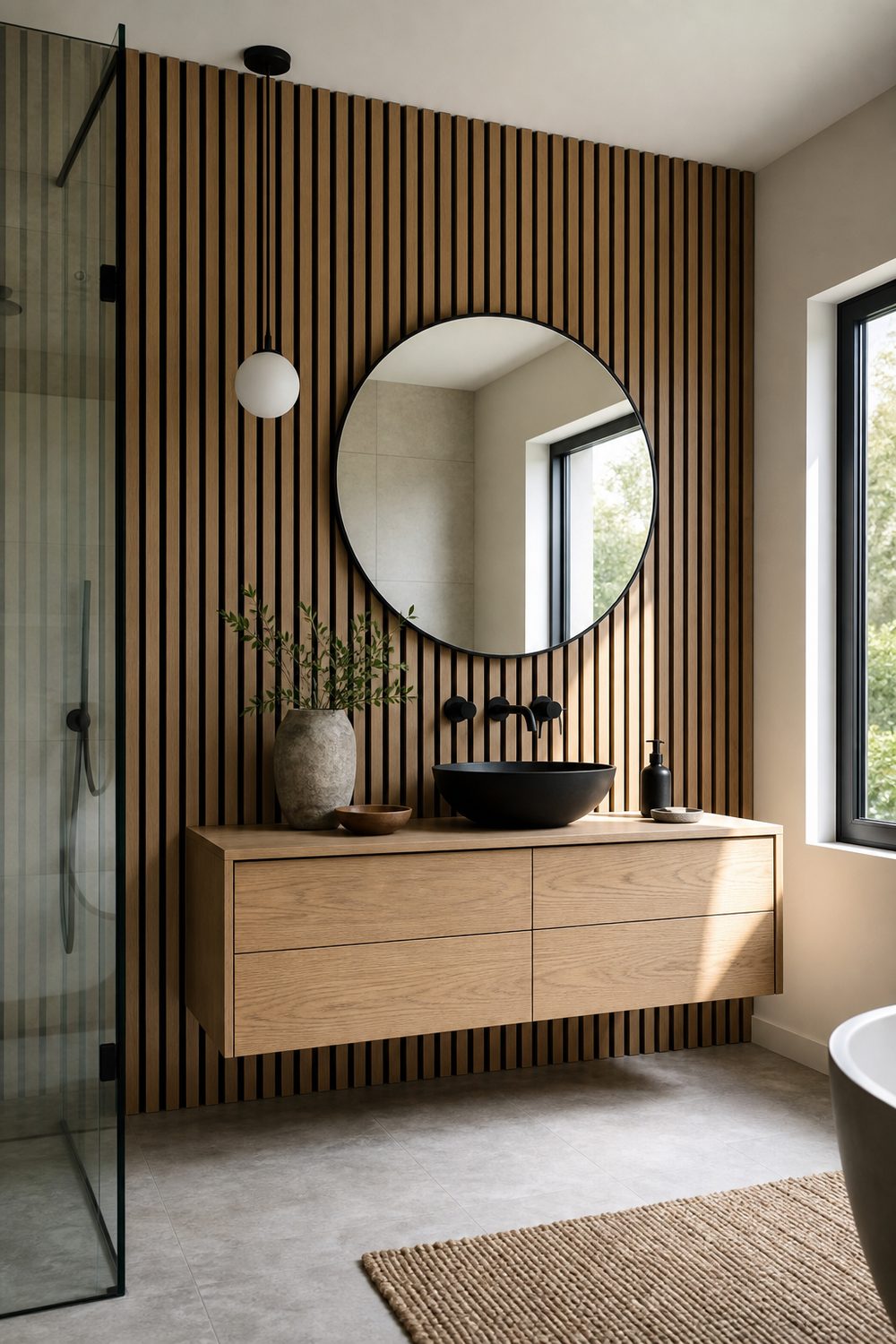 Vertical oak slat wall behind a floating oak vanity with a round black mirror, black vessel sink and matte black taps