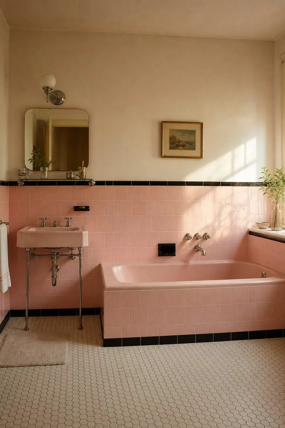 Restored 1950s pink tile bathroom with black pencil liner border, built in pink tub, chrome shelf and small white hex floor tile