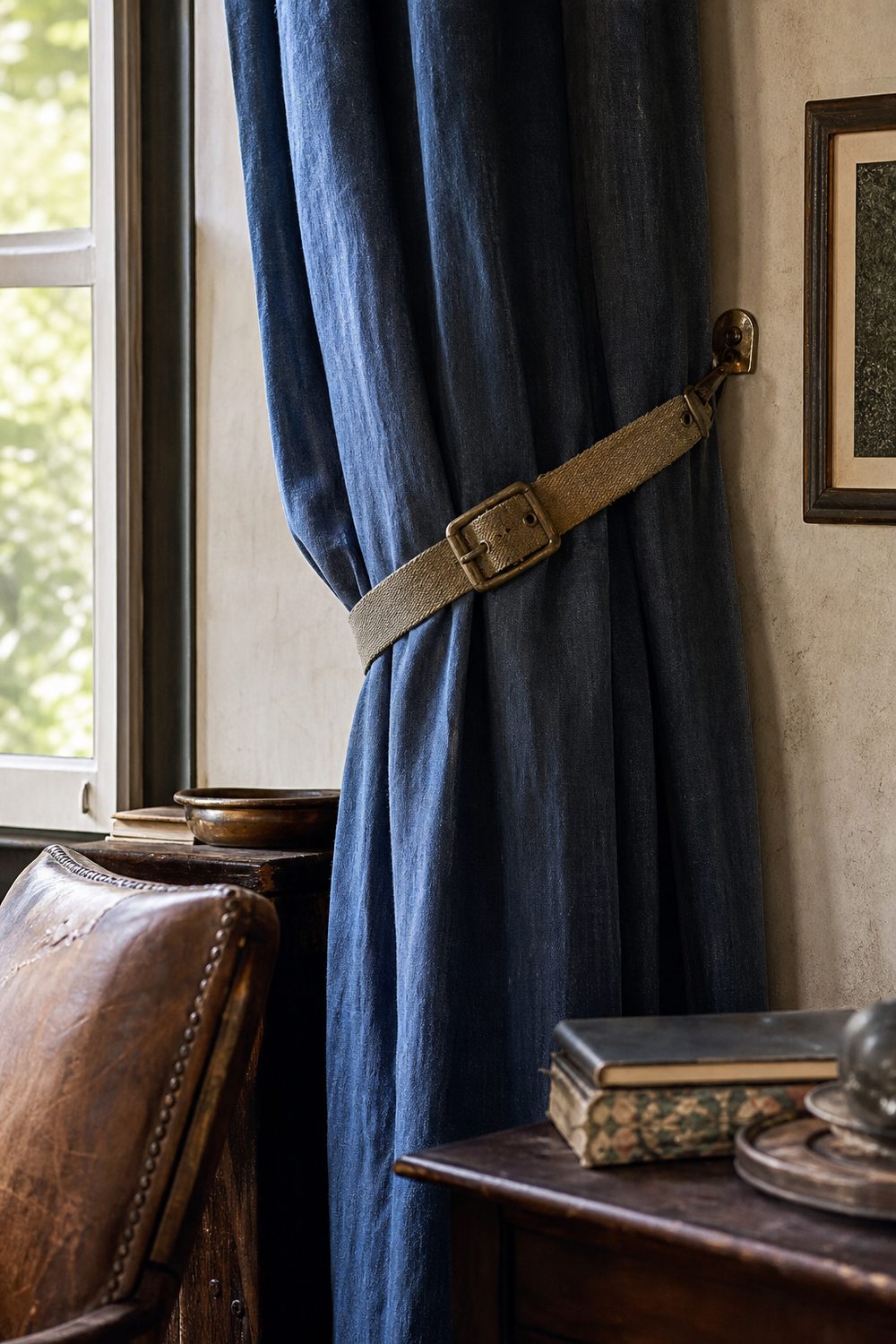 Weathered vintage brass buckle on a worn canvas strap fastened around a faded indigo cotton drape in a study