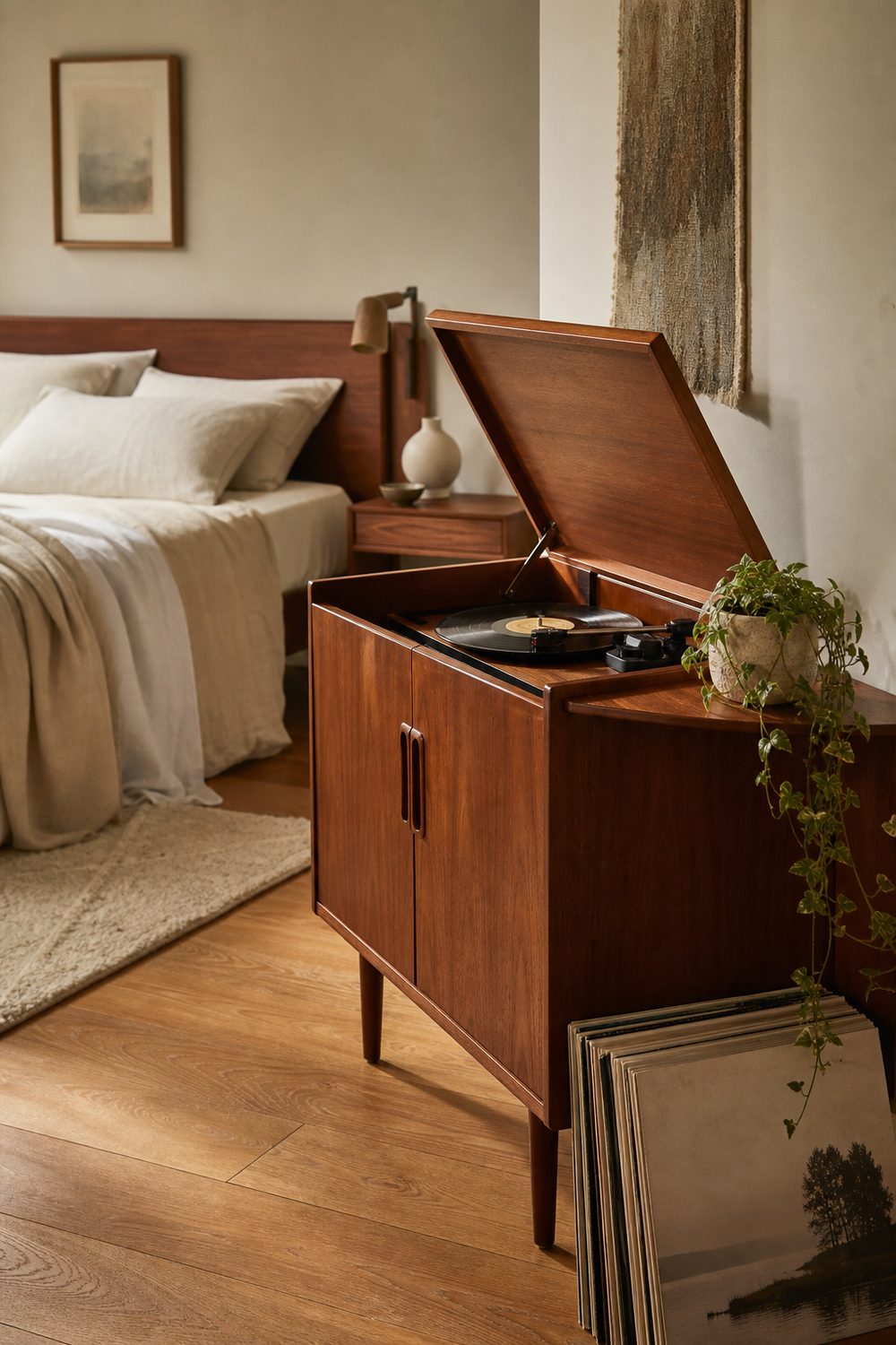Vintage teak record player console with a lifted lid in a bedroom corner beside a stack of record sleeves