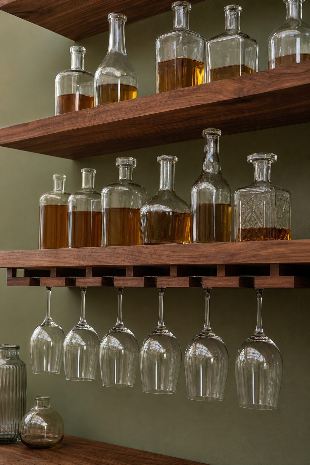 Two walnut bar shelves with an integrated slotted stemware rack underneath holding wine glasses hanging upside down against a muted olive wall