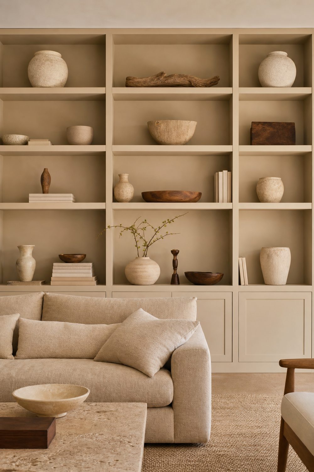 Built in living room shelving painted warm beige, styled with cream stoneware, stacked books and walnut objects