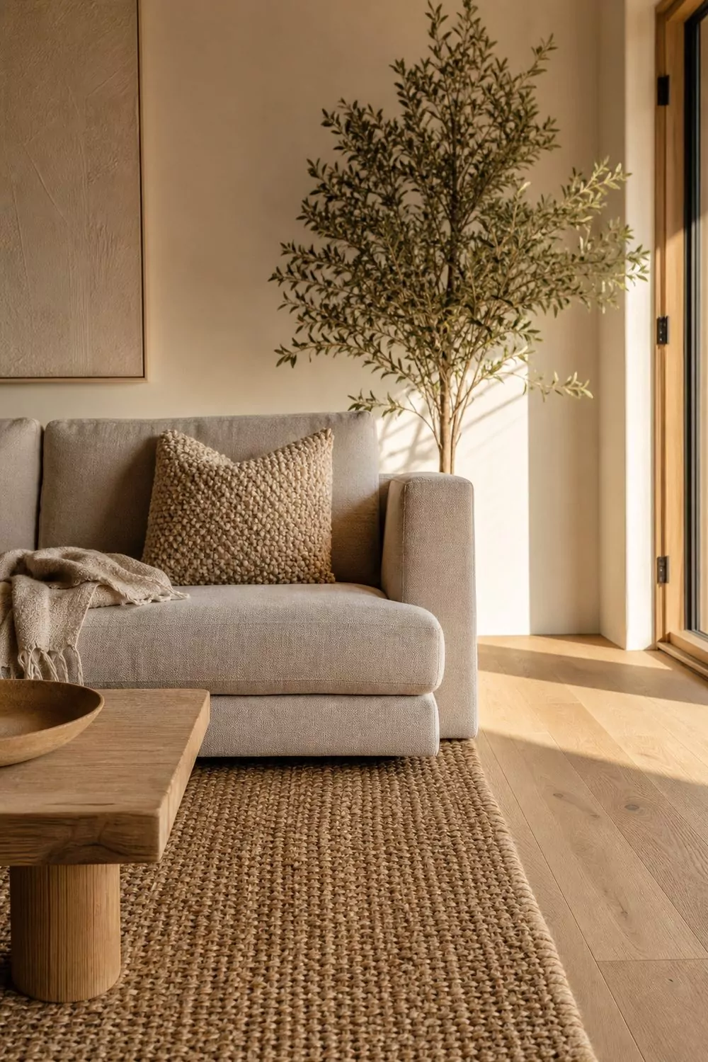 Beige linen sofa layered with boucle pillows and a jute rug in a warm living room with white oak floors and afternoon light