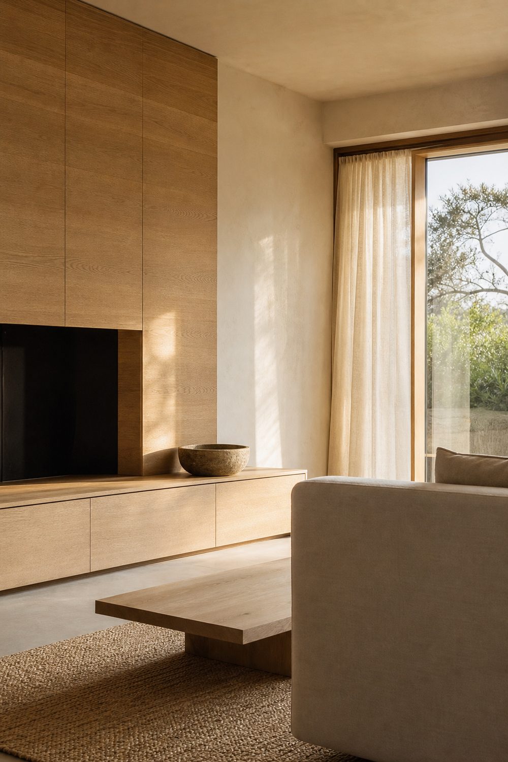 Warm minimalist living room with white oak media wall, putty sofa, limewash plaster and a jute rug