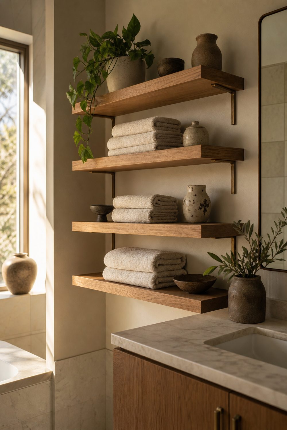 Four warm oak open shelves on brass brackets holding folded towels, ceramic vases and a trailing plant beside a vanity