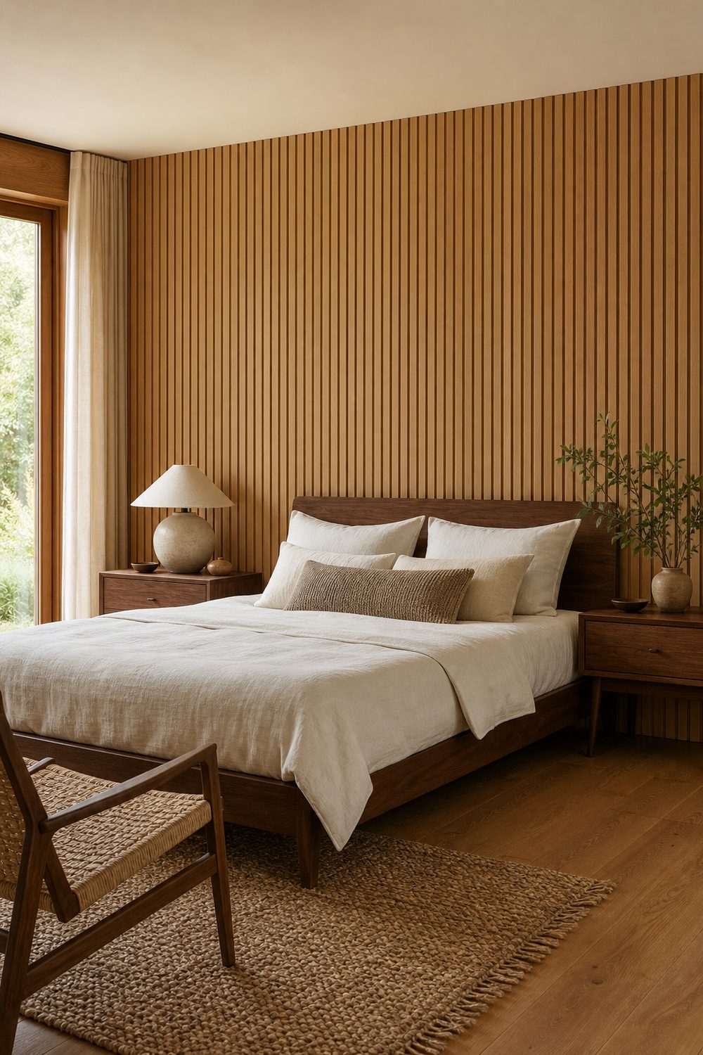 Vertical warm white oak slat paneled accent wall behind a low walnut bed with cream linen bedding