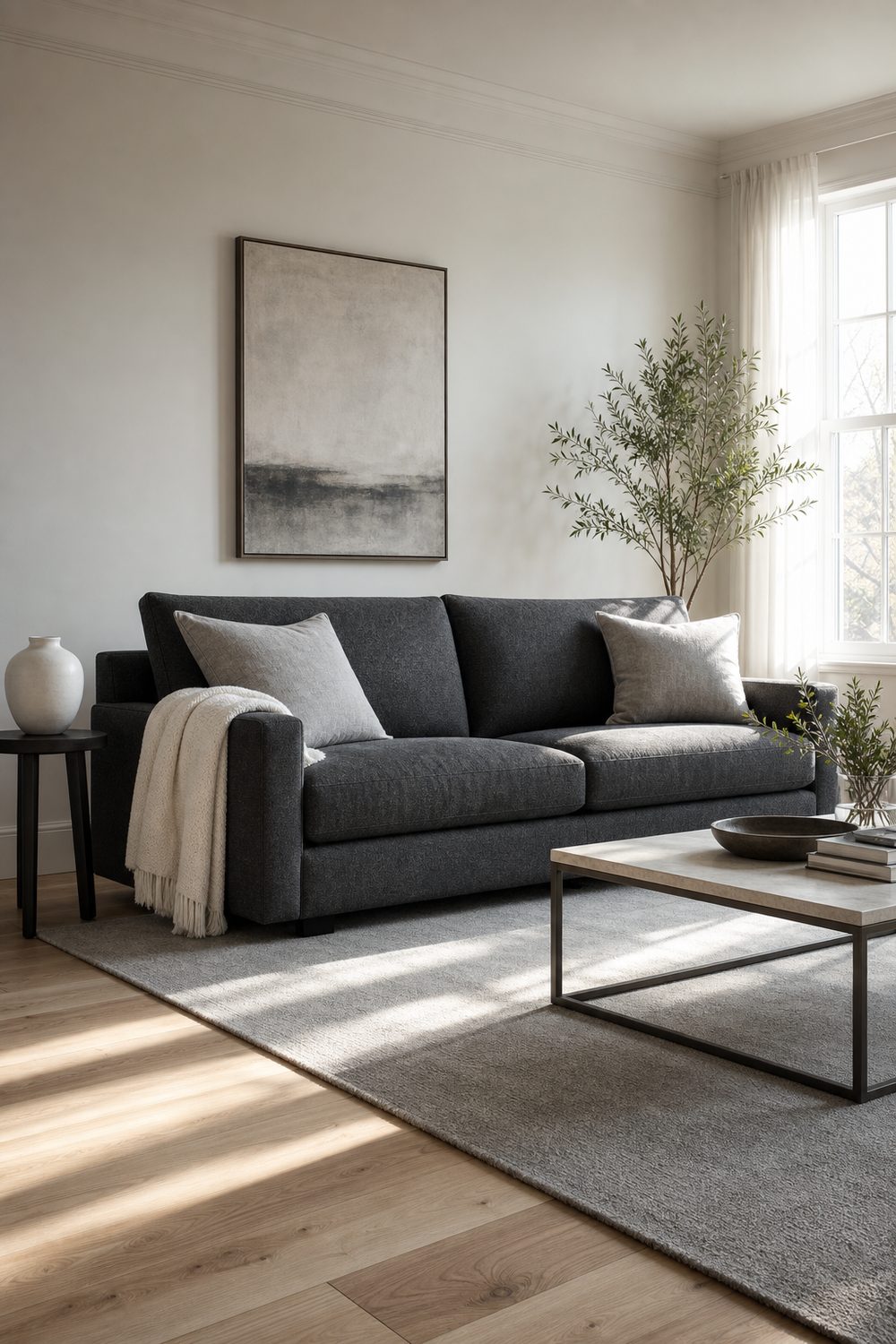 Charcoal grey fabric sofa against warm white living room walls with pale grey cushions, ivory knit throw and light oak flooring