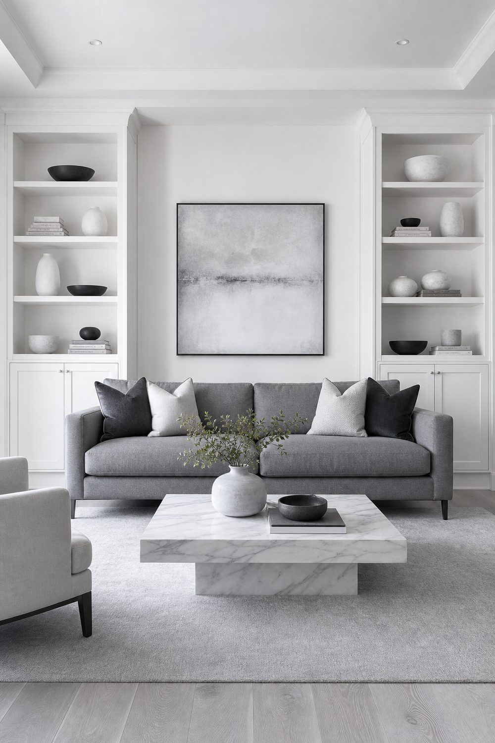 White painted floor to ceiling built in shelving flanking a grey sofa with white marble coffee table