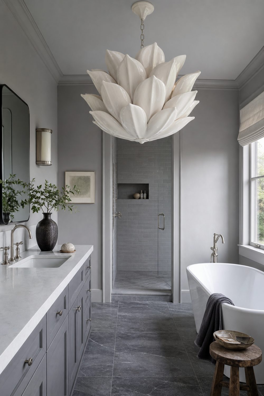Matte white ceramic chandelier with sculptural petal forms hanging in a grey bathroom with slate look tile and soft grey walls