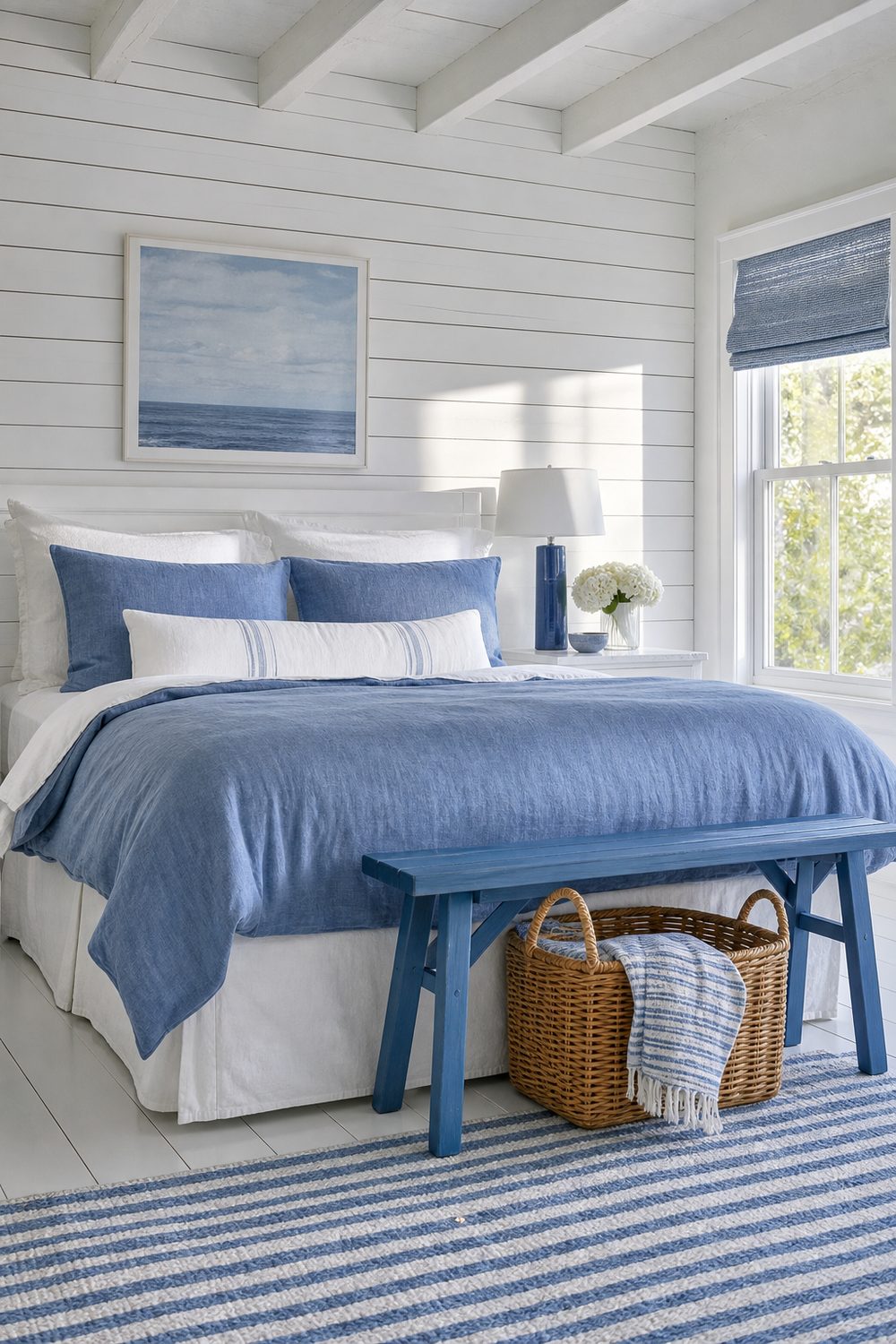 White painted horizontal shiplap wall behind a bed with chambray blue duvet, white sheets and a blue painted bench in a bedroom